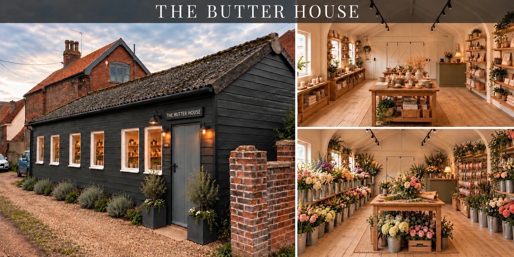 The Butter House concept board: large black timber exterior with smaller homeware shop and fully stocked florist interiors