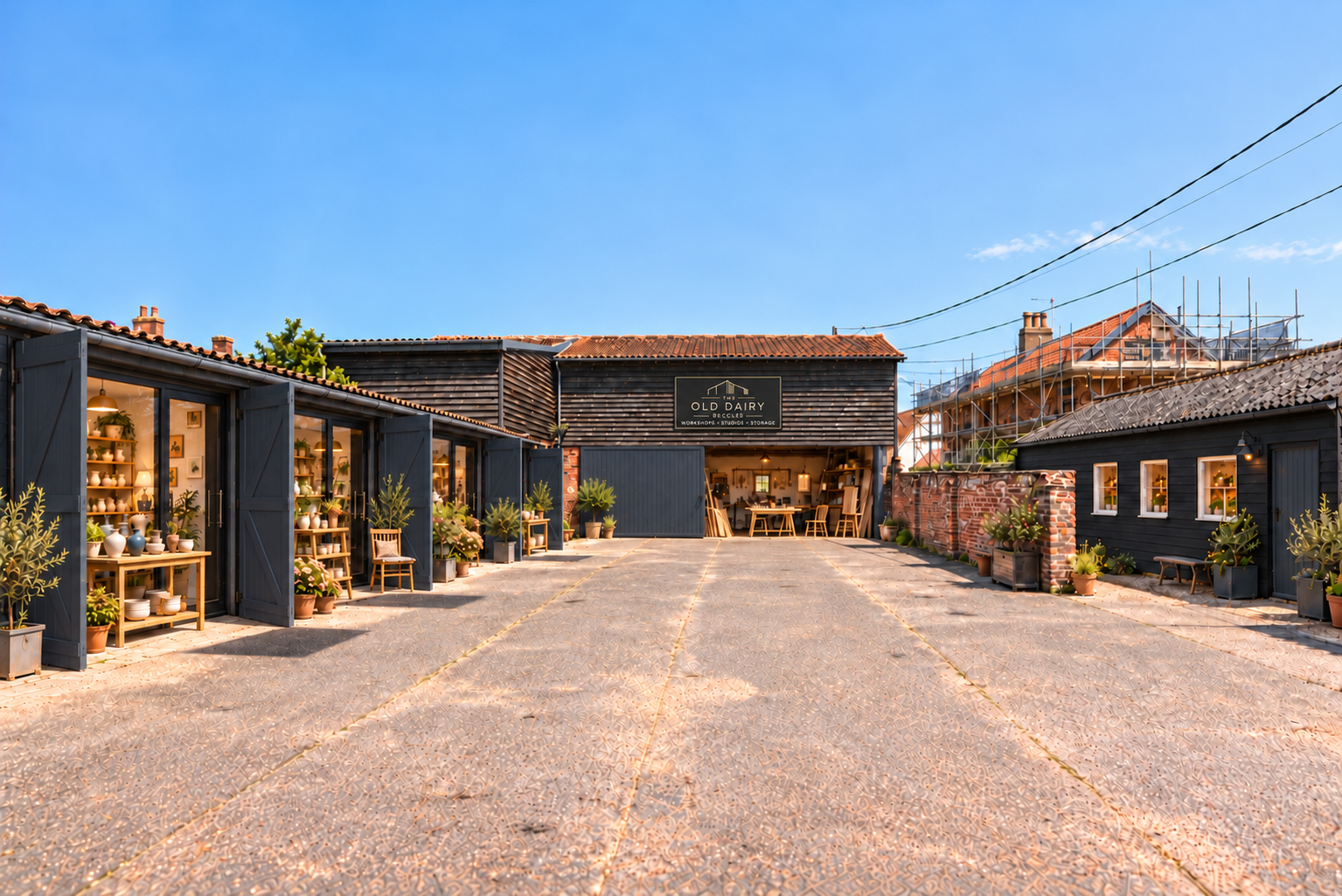 AI courtyard concept with glazed workshop fronts behind timber doors open at 90 degrees, artisan wares outside, The Butter House in black timber and the end workshop open