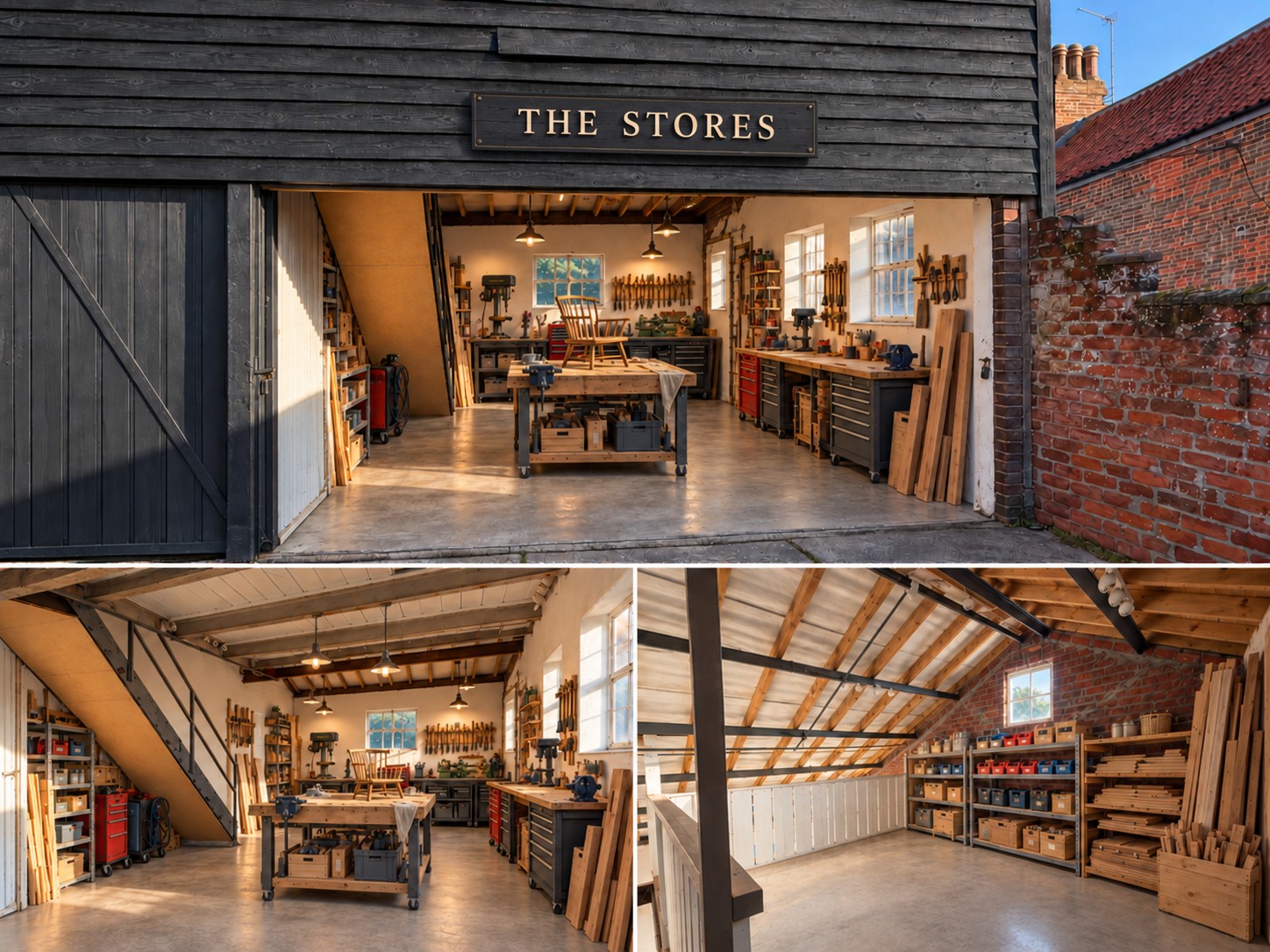 The Stores with charcoal timber cladding, mixed craft and industrial workshop downstairs and materials storage on the mezzanine